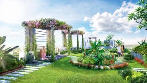 Vườn trên cao được thiết kế với những mảng xanh độc đáo mang lại không gian sống lý tưởng cho cư dân